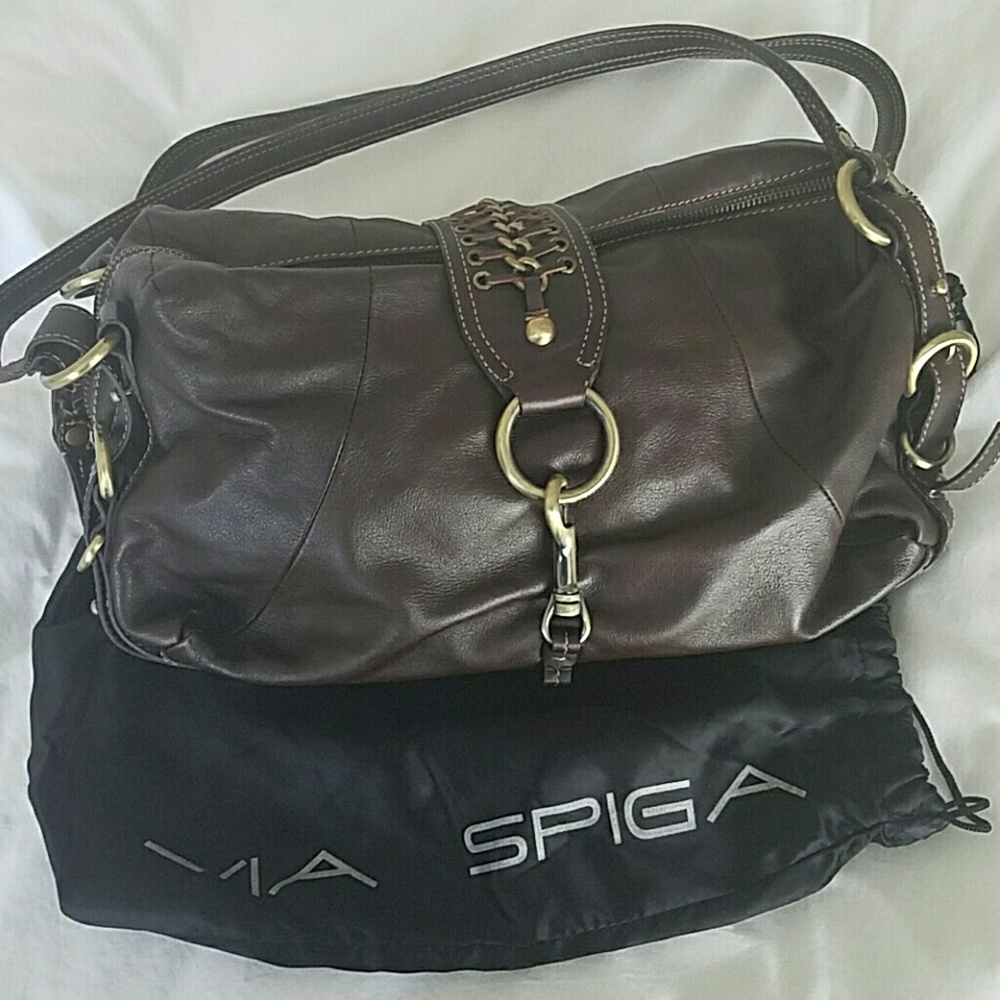 Vintage Via Spiga brown leather Slouchy bag with brass buckles Harnesses western